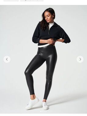 SPANX Black Faux Leather Leggings Petite Size 4 NWOT